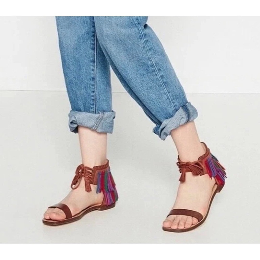 Zara Woman Leather Fringe Sandals Brown Multi Color Lace Up Boho Flat 40 NEW